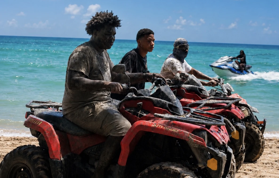 Three ATV riders lined up beside turquoise water.